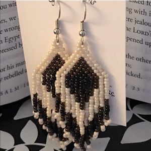 Genuine Bronze and pearlescent Beads hand woven Earrings with Black and beige